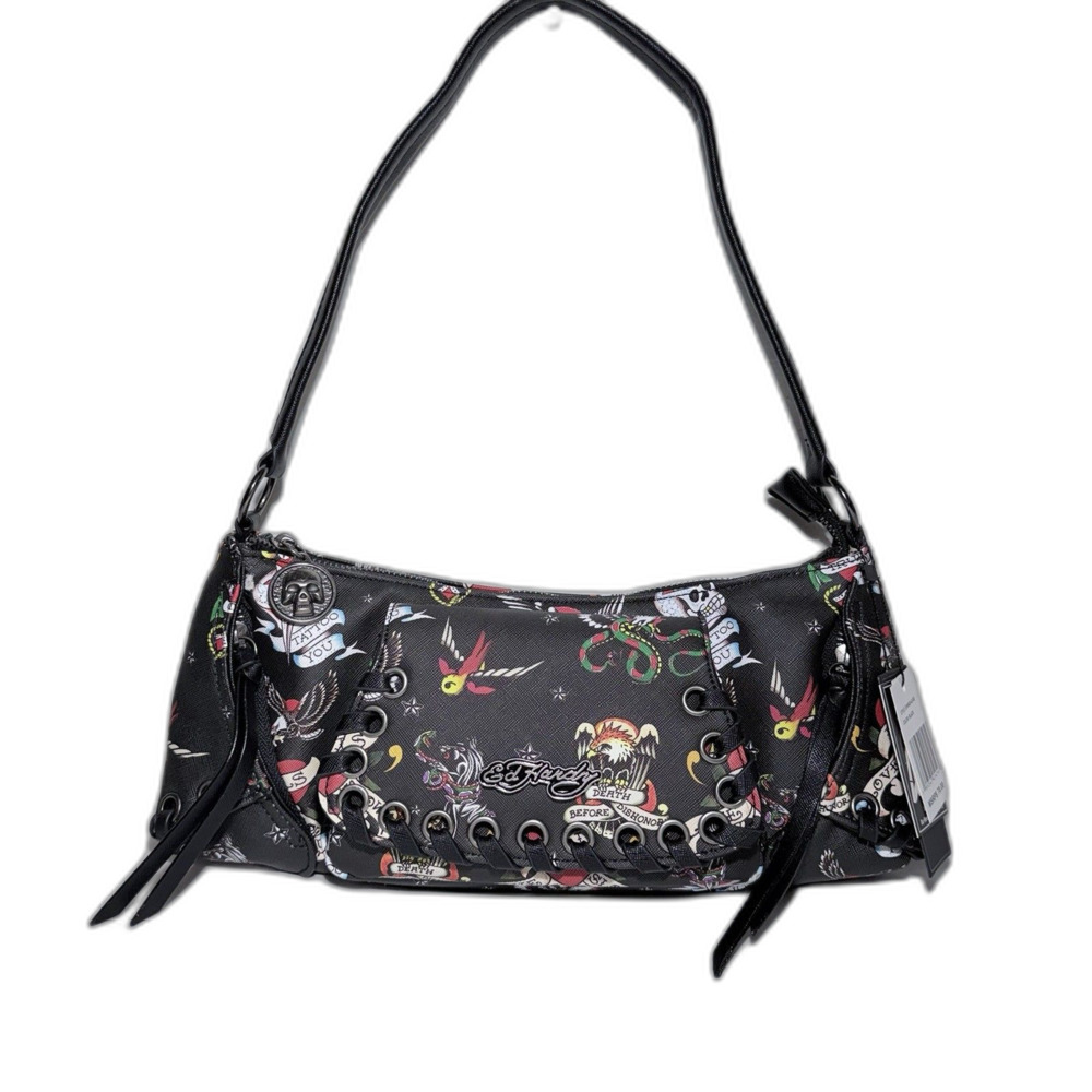Ed Hardy Black Shoulder Bag Love Kills Tattoo Print Zipper Charm  13”x6” NWT